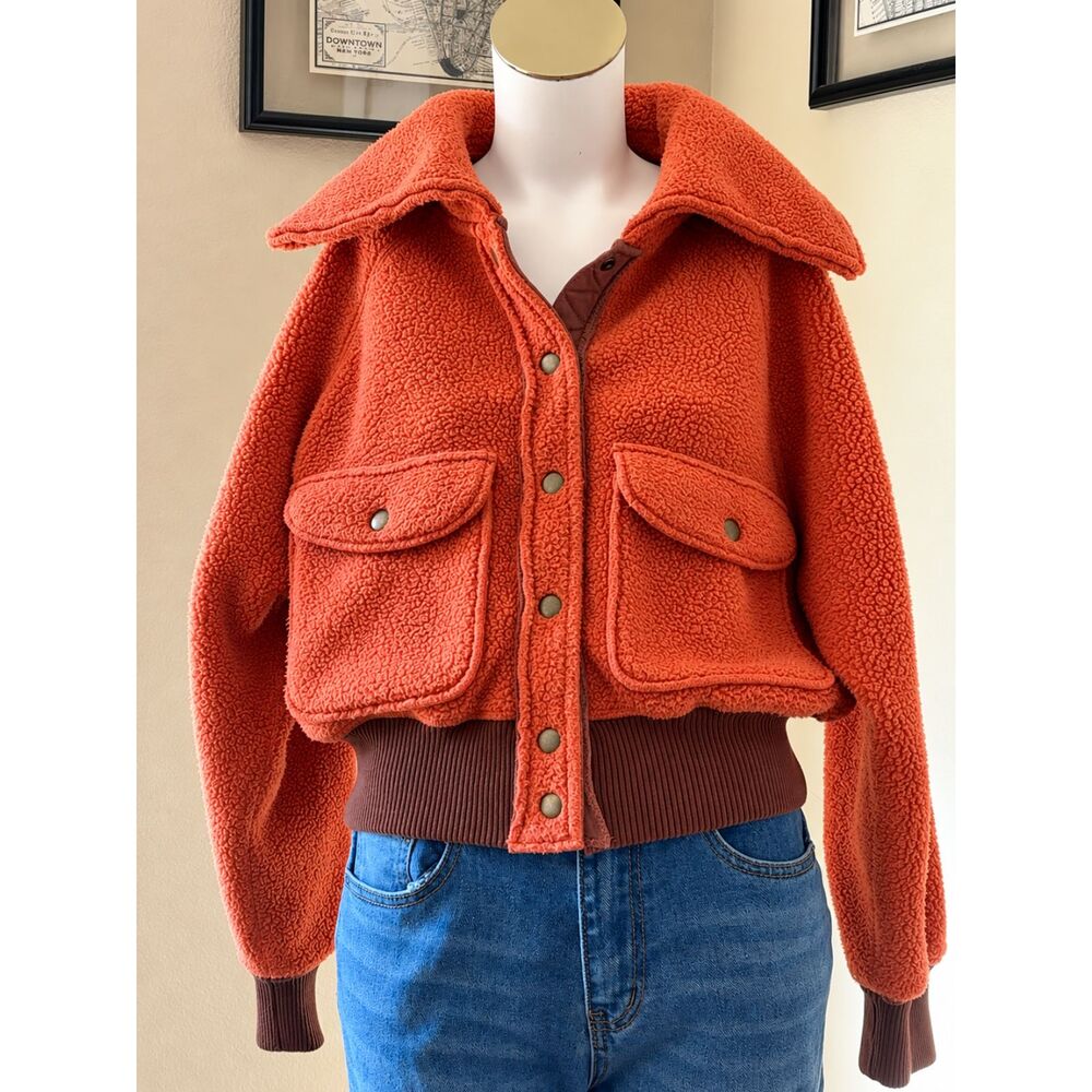 We The Free Rust Orange Sherpa Fleece Bomber Jacket Snap Front XS